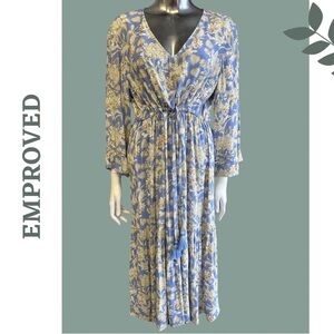 Emproved Boho Floral Maxi Dress Blue Cream Sustainable, Cottagecore, Size Large